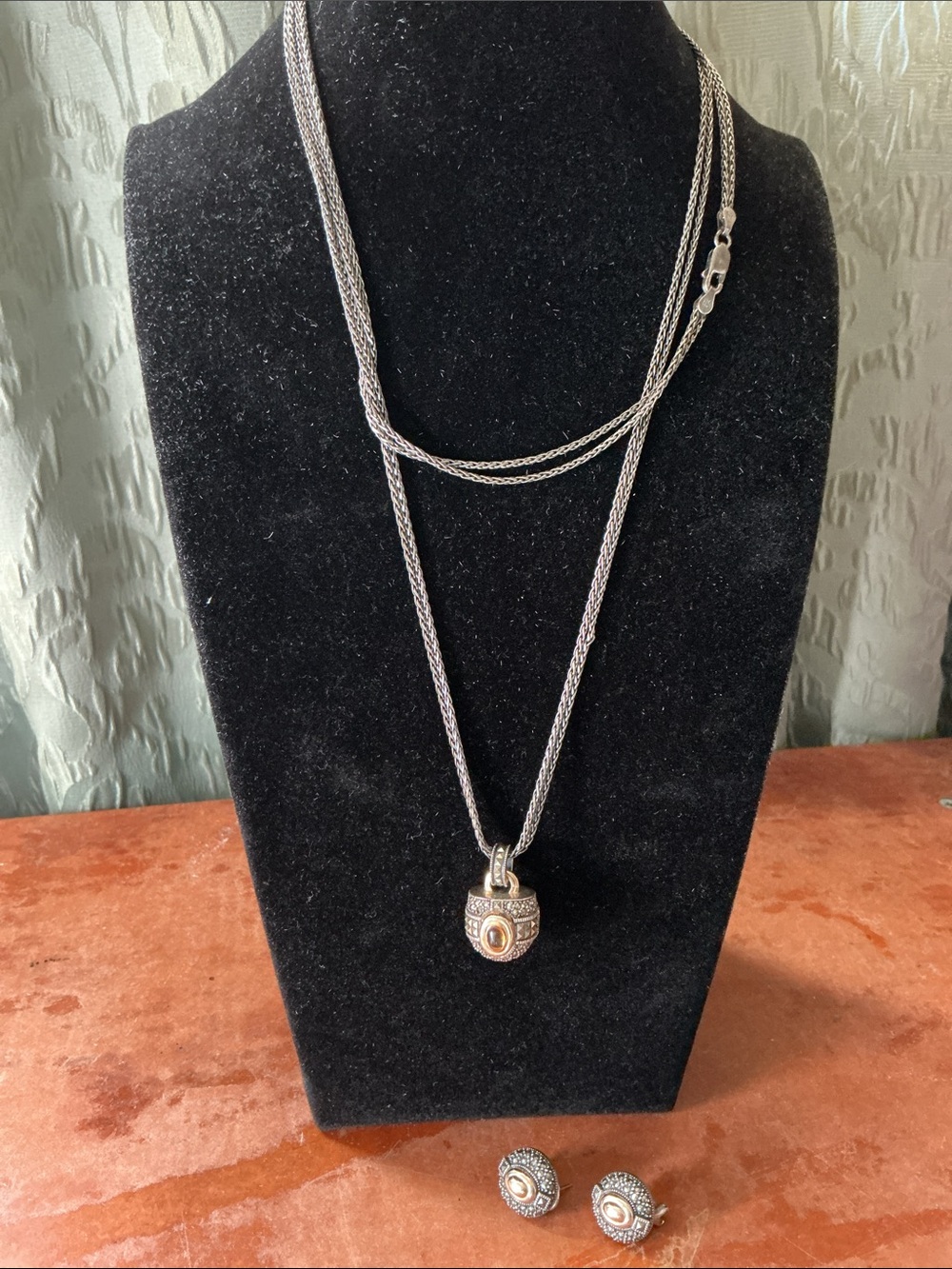 Judith Jack Sterling, Marcasite, 18K and Amber Pendant 36” Necklace and Earrings